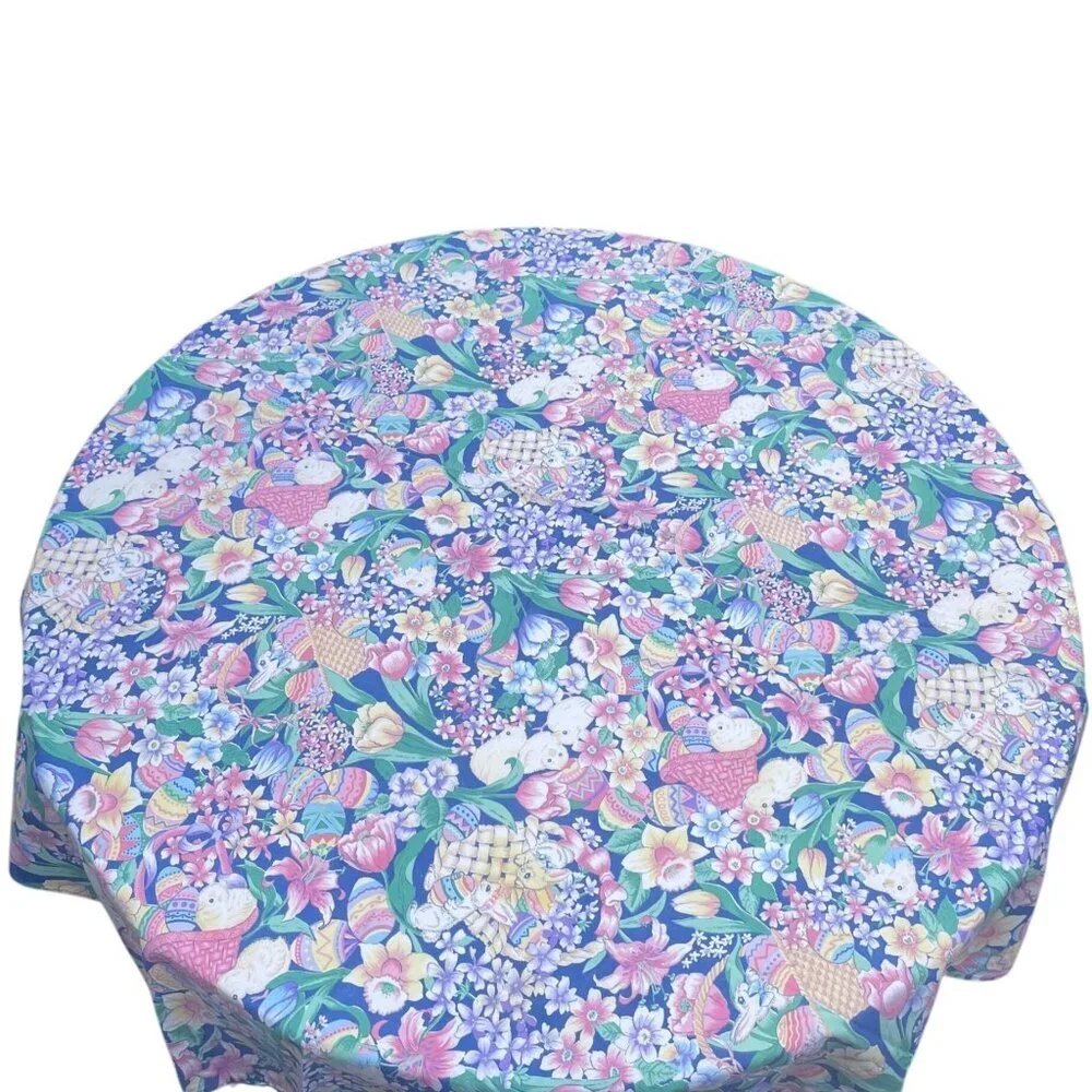Fashion Industries Round Blue Cotton Tablecloth Easter Bunnies Eggs Floral Desig